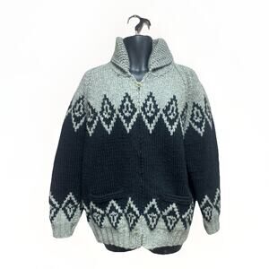 Hand Knit Cowichan Wool Sweater Zip Cardigan Chunky Ski Lodge Nordic Large